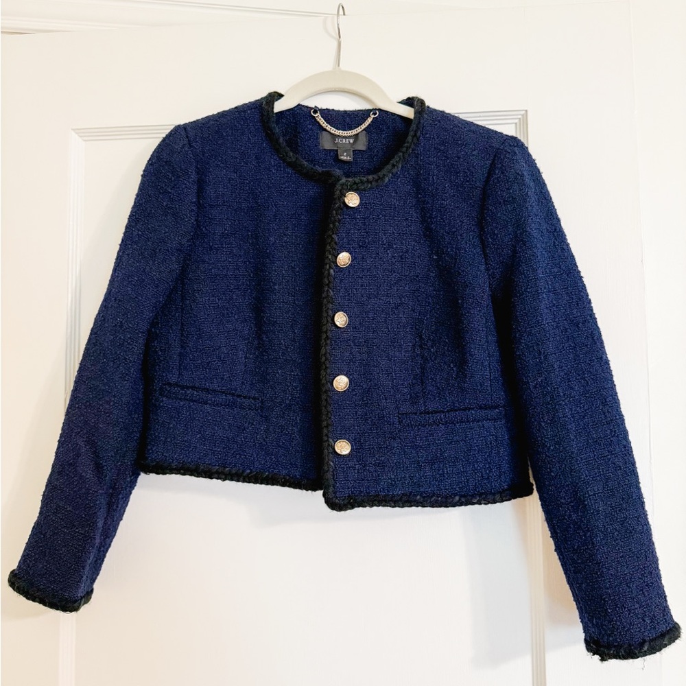 J. Crew Navy Blue Tweed Jacket with Gold Buttons
